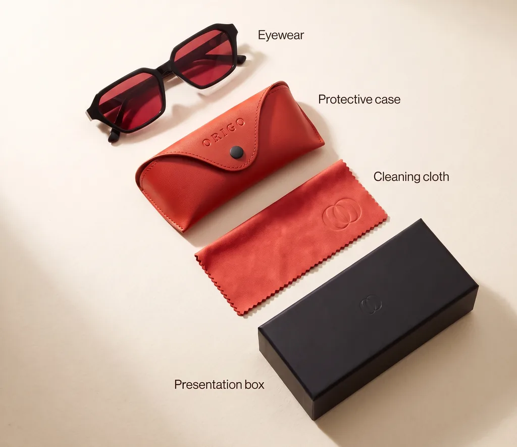 The Origo set: eyewear, case, cloth and box