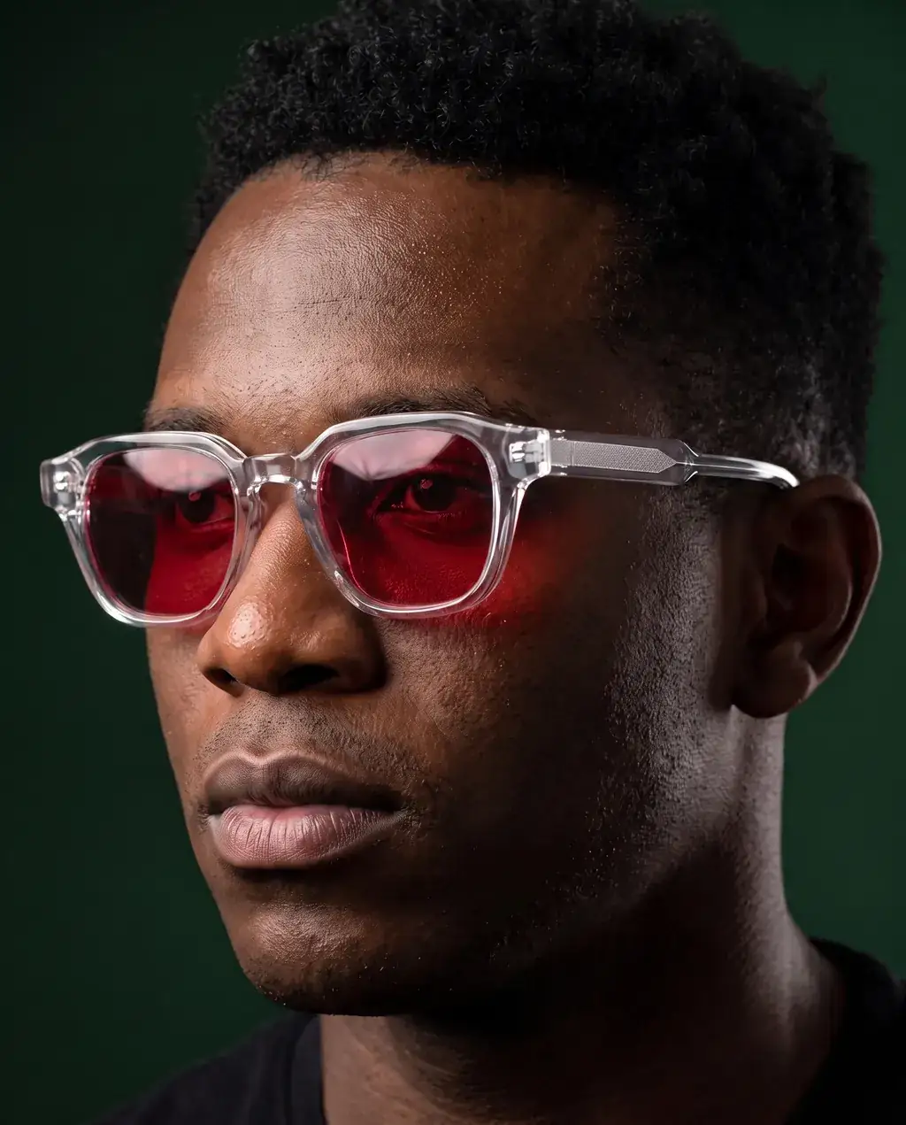 Origo Red lens, transparent frame — worn