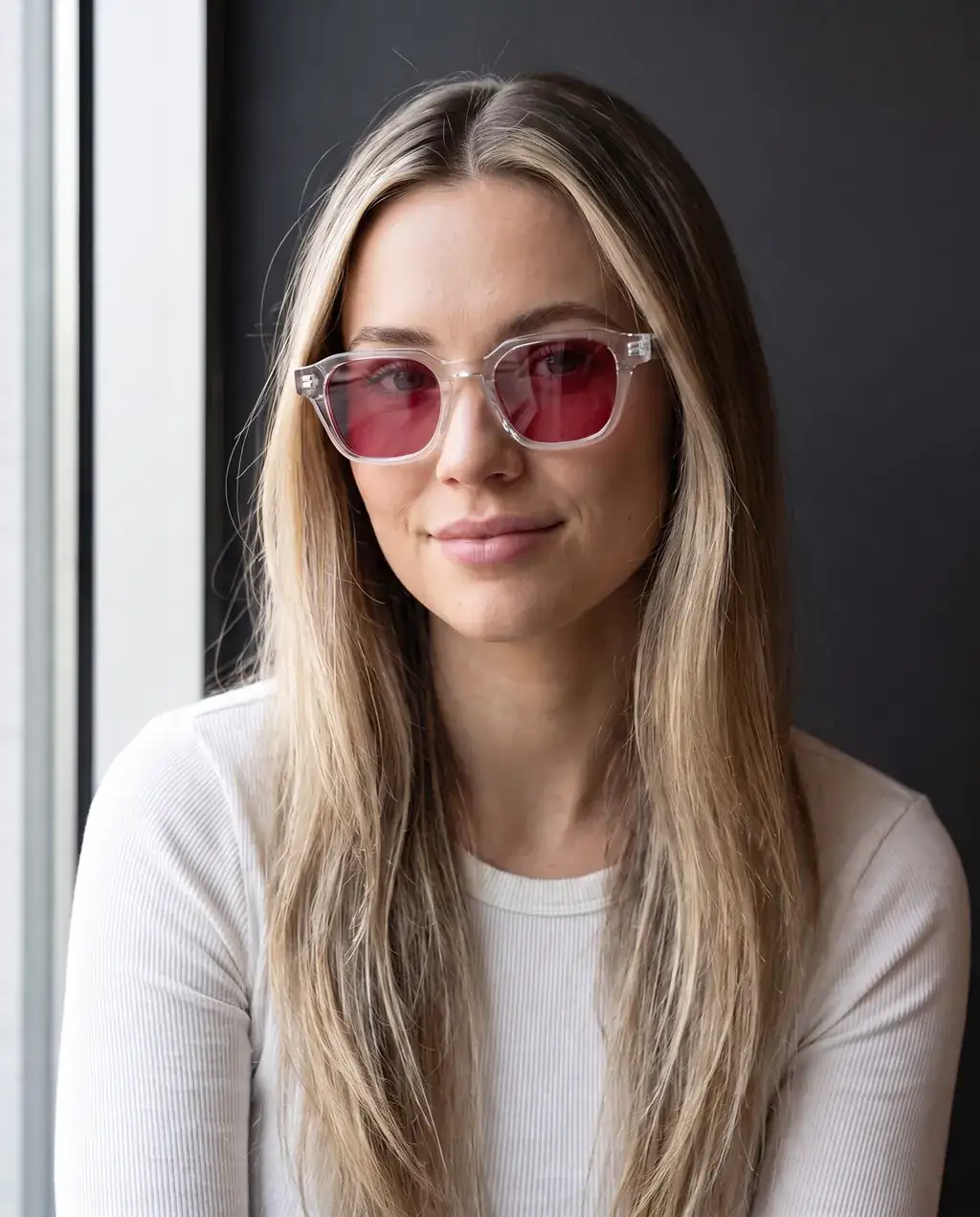 Origo Red lens, transparent frame — worn