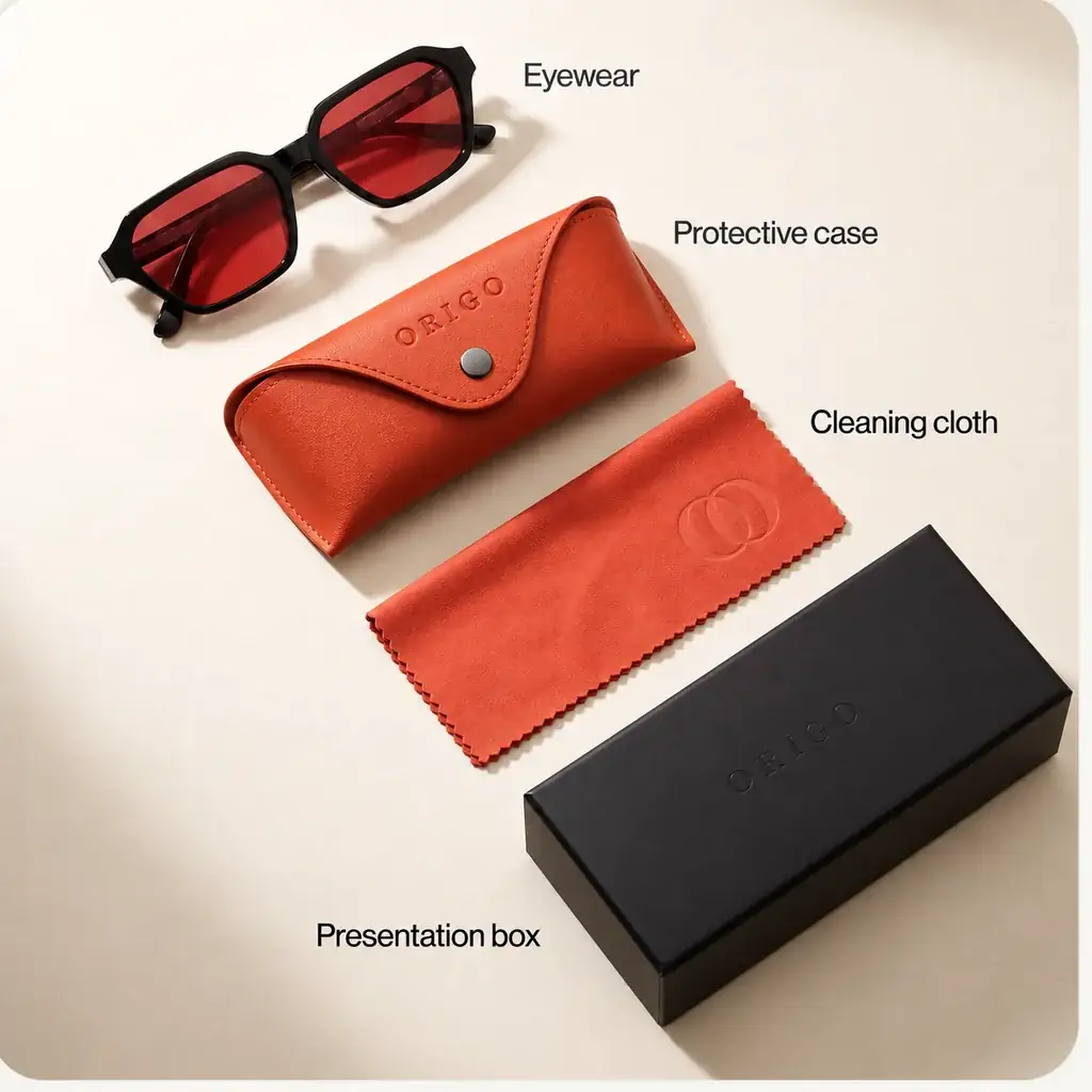Origo Red lens, black frame, with case, cloth and box