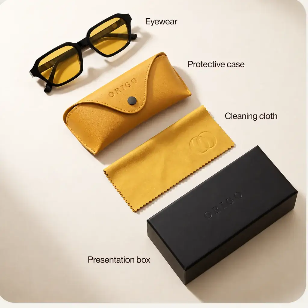 Origo Yellow lens, black frame, with case, cloth and box