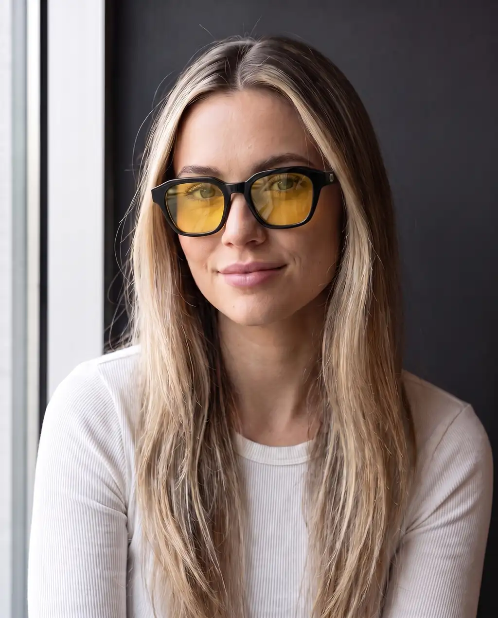 Origo Yellow lens, black frame — worn