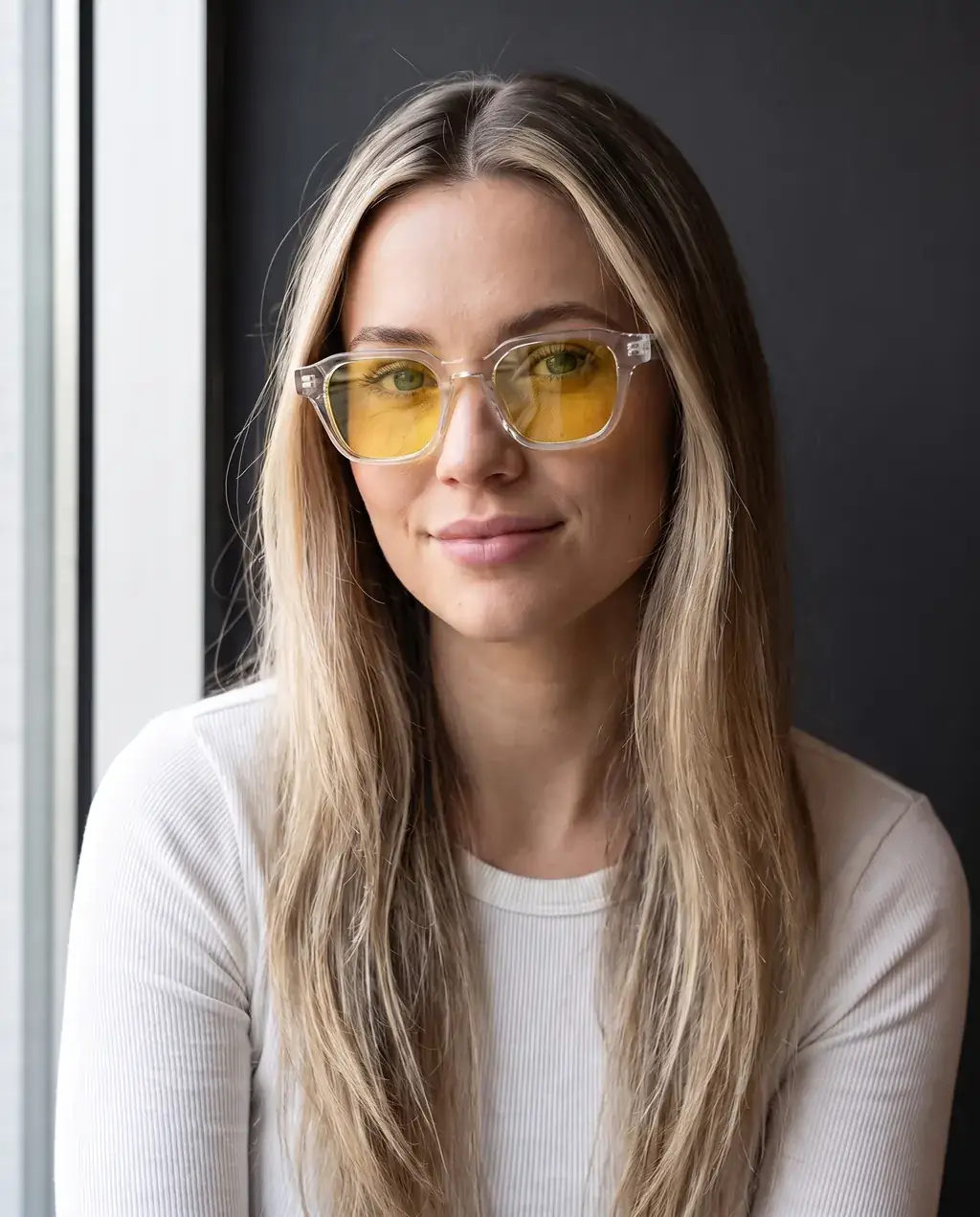 Origo Yellow lens, transparent frame — worn